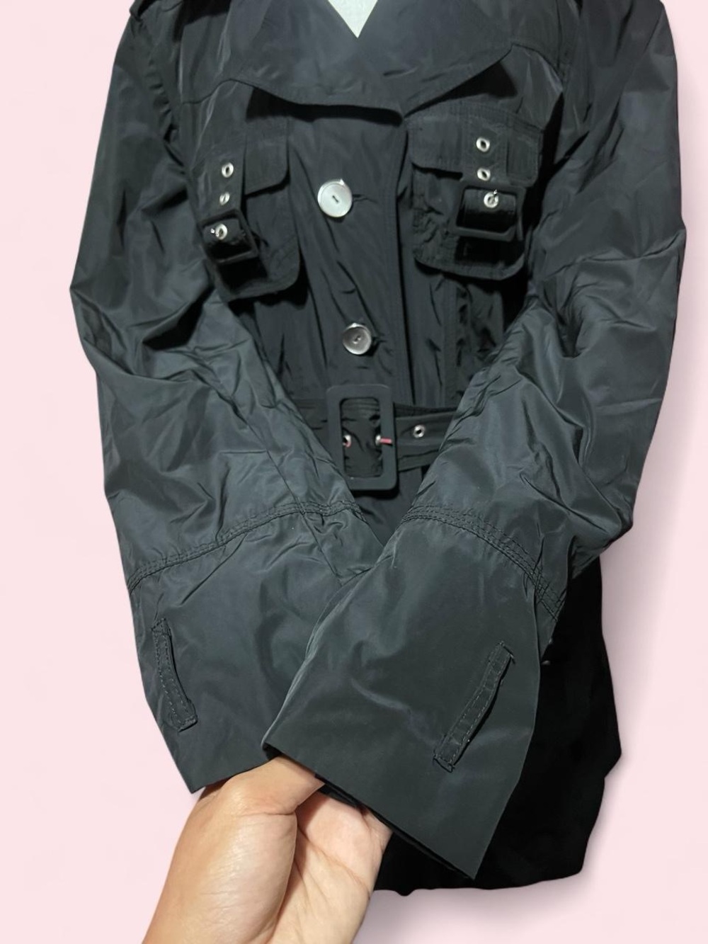 Large BEBE Black Utility Trench Coat with Belt - Picture 2 of 8